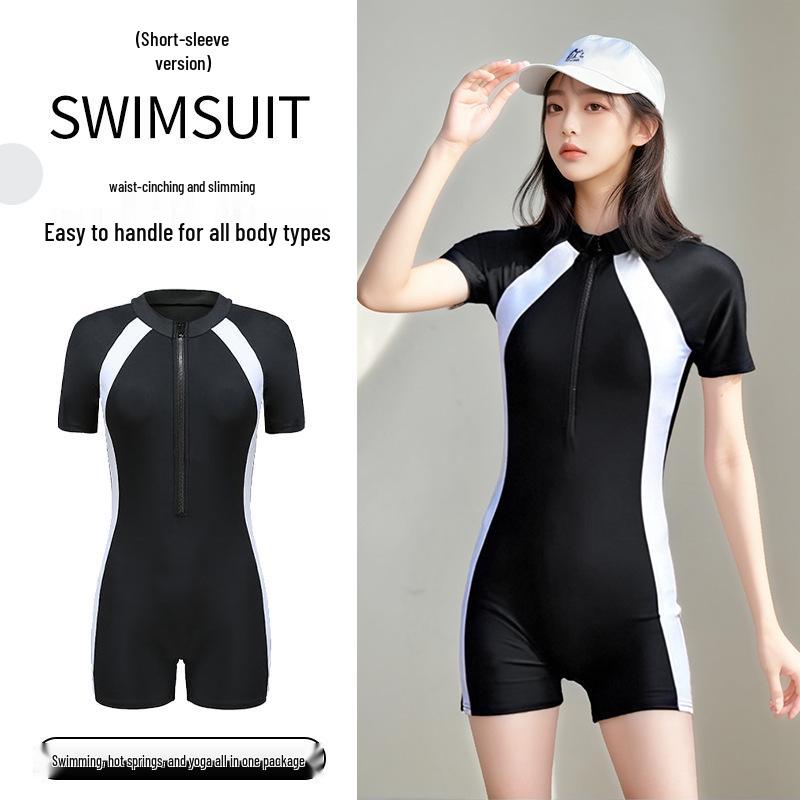 Women's One-Piece Quick-Drying Long Sleeve Sport Swimsuit - Conservative, Slimming, Belly-Covering, Surfing-Style.