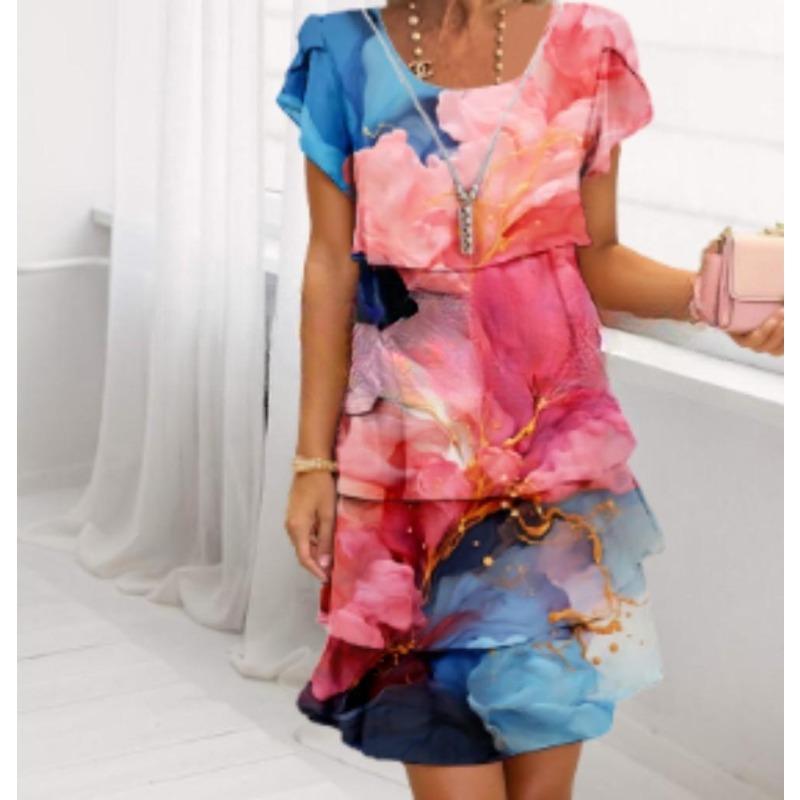 VEZFAA Women's Fashion Summer Spring Flower Pattern Print Short Sleeve O-Neck Loose Waistline Casual Dresses