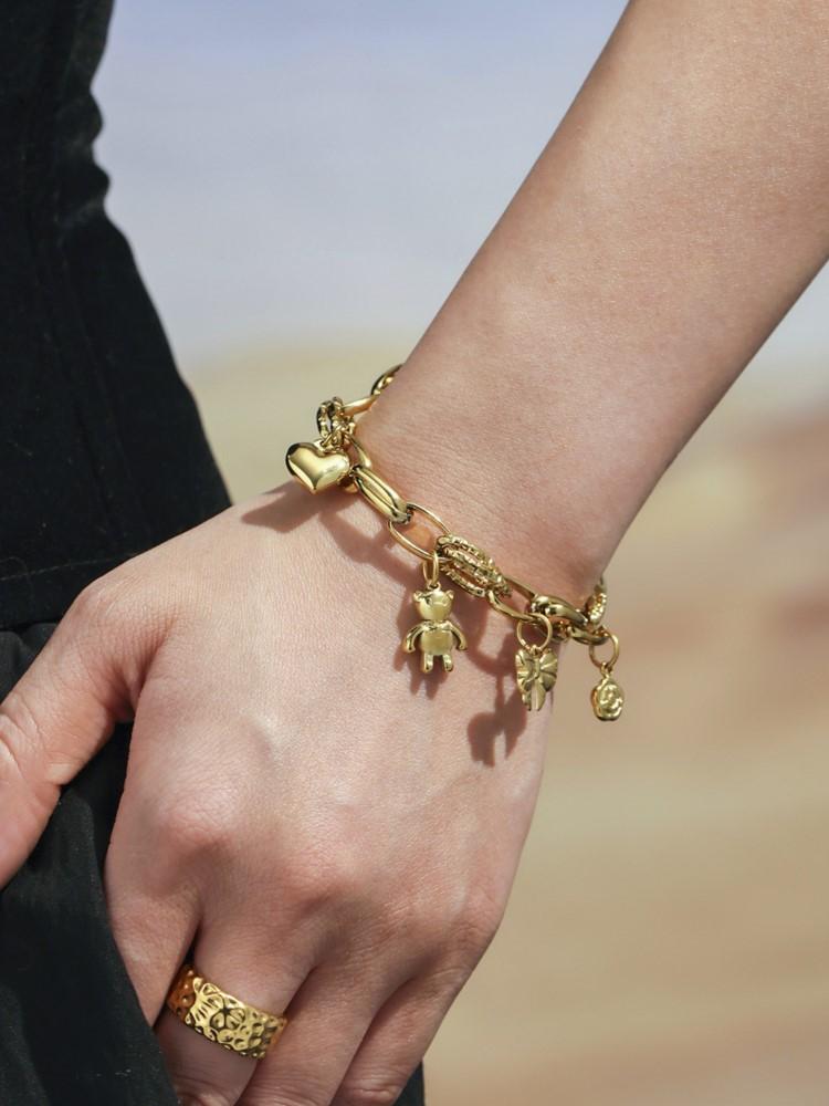 Stainless Steel Chain Bracelet For Women 18k Gold Plated Waterproof Non Tarnish Women's Heart Bear Flower Bow Charms Bracelets