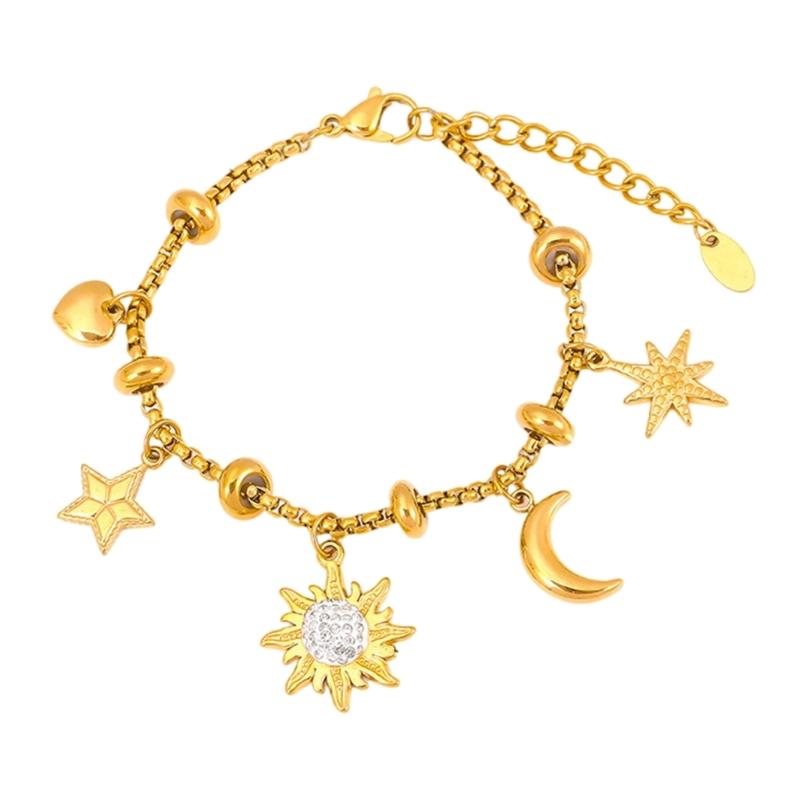 Elegant Sun And Moon Charm Bracelet With Crystal Accent Titanium Steel Lightweight Daily Wear Jewelry