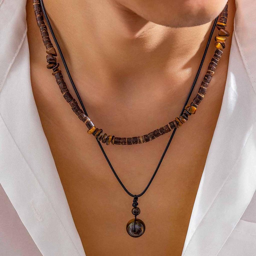 Stone and Wood Bead Chain with Ball Pendant Necklace for Men Trendy Accessories on the Neck Male 2026 Fashion Jewelry Decoration