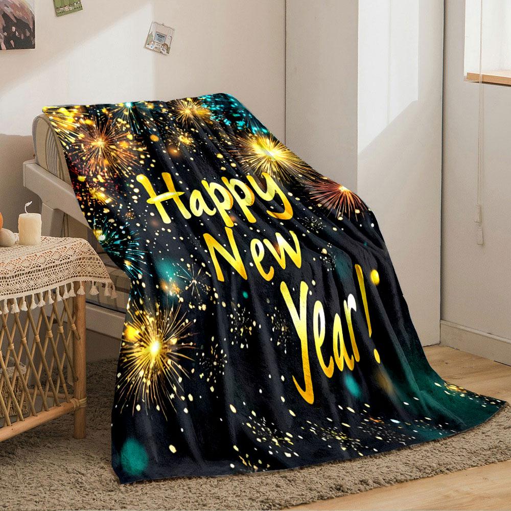 Bright fireworks and "Happy New Year!" text on a festive, dark background. for all seasons blanket lunch break throw gift