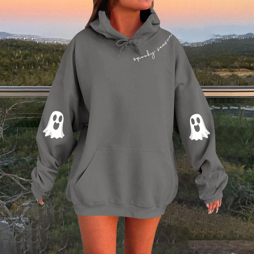 Women's Solid Color Long Sleeve Casual Halloween Print Pullover Hooded Sweatshirt