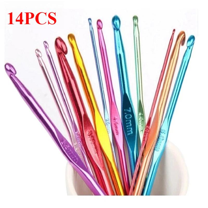 14pcsDIY clothing needle metal handle crochet single-head crochet colorful aluminum knitting needle yarn crafts