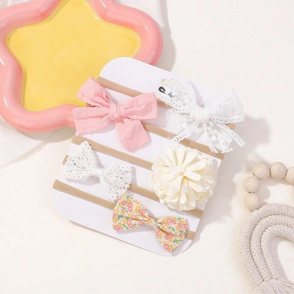 5Pcs/Set Baby Elastic Hairband Newborn Lace Flower Bowknot Nylon Hair Bands for Girls Infant Toddler Soft Hair Accessories Gift