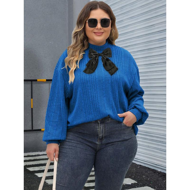 

Женский пуловер, футболка, топ, весна, осень, большой размер, с полувысоким воротником, футболка, топ, пэчворк с лентами, рубчатая базовая футболка 3XL синий