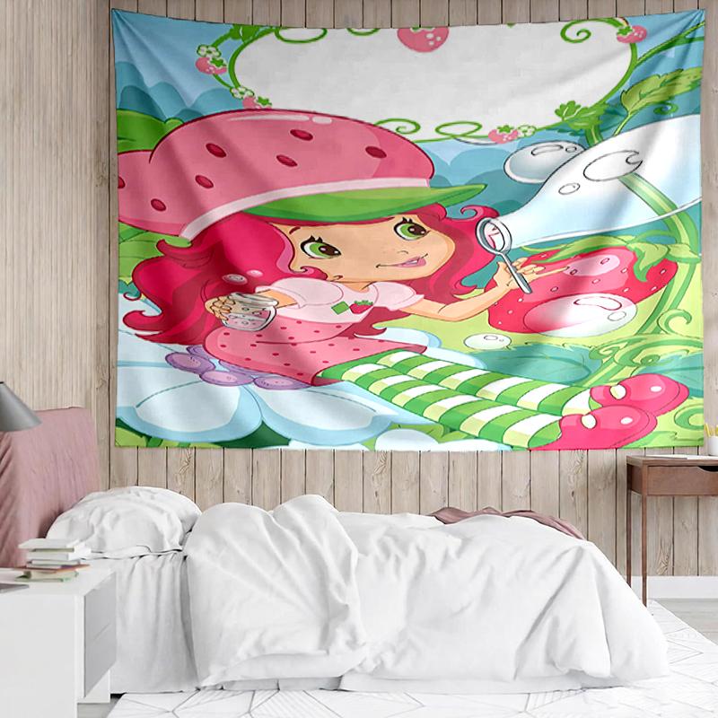 Strawberry-Shortcake Print Tapestry, Backdrop, Easy Setup, Ideal for Bedroom, Office & Living Room, with Aesthetic Wall Hanging Decor.