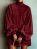 Women's Casual Solid Color Long-Sleeved Lantern Sleeve High-Neck Short Dress
