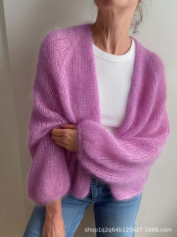 European & American Mid-Length Women's Cardigan - Solid Color, Casual, Loose Knit for Autumn & Winter