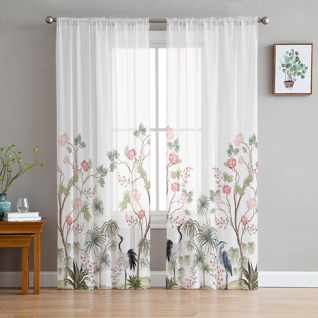 Modern Plant Branch Green Leaves Tulle Window Curtains Living Room Bedroom Voile Drapes Decoration Curtain Light Filtering For Made Of Polyester