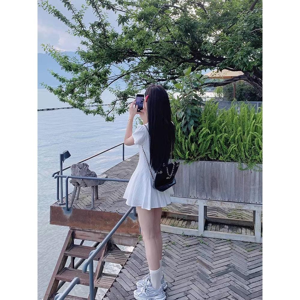 Song Jong-un's collegiate style white puff sleeve shirt dress female summer temperament waist small man sweet short skirt
