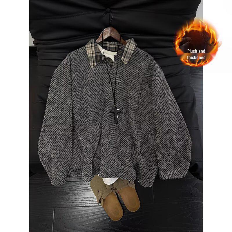 Men's Retro Plaid Velvet-Lined Hoodie: Autumn/Winter Street Style Trendy Loose Fit Jacket