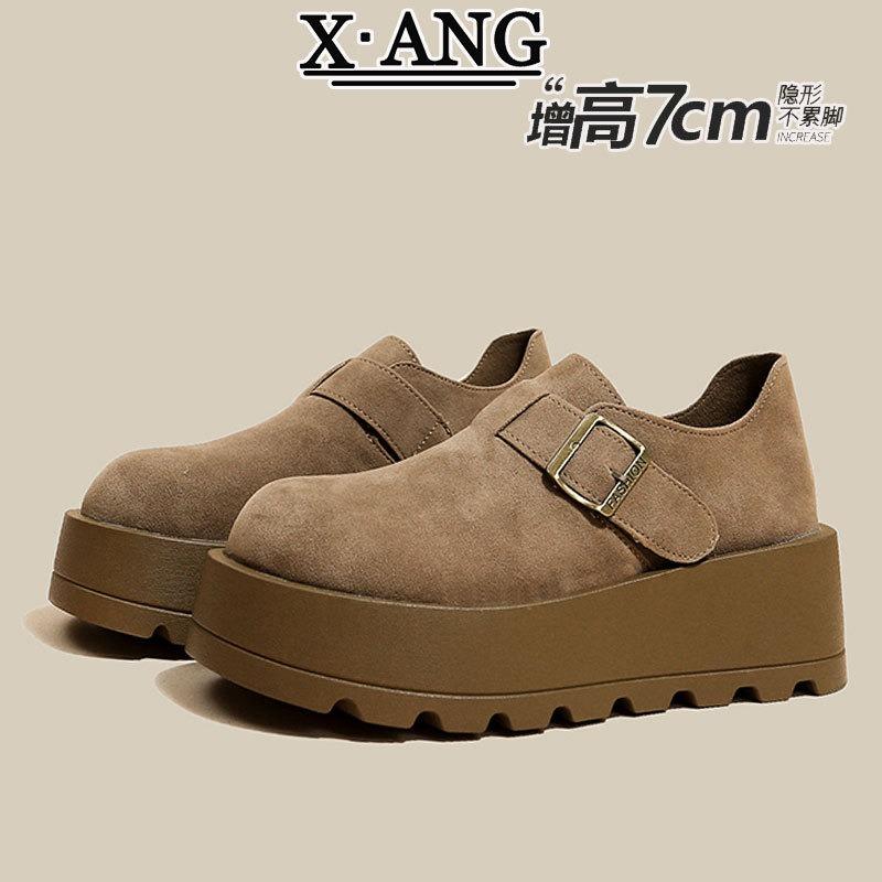 Leather all-inclusive children's spring new muffin thick sole heightening small women's shoes loafer single shoes