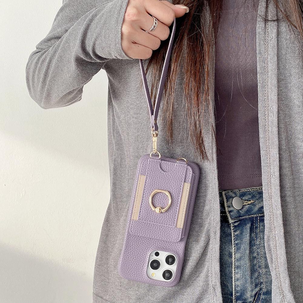 Für iPhone 16 Pro Hülle Kartenfächer Ständer PU Leder Rückseite mit Ringhalter, Handschlaufe