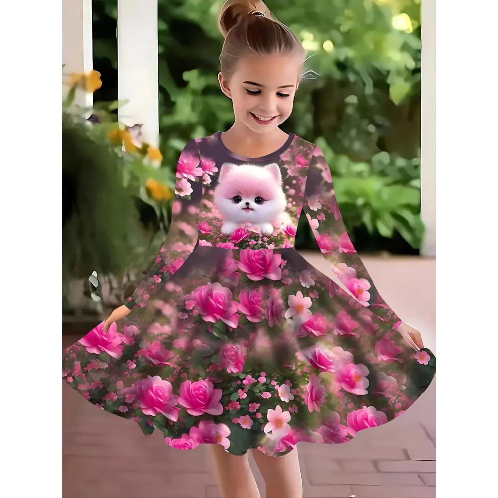 Girls' 3D Flower Bear Dress Long Sleeve Summer Spring Vacation Daily Holiday Princess Beautiful Sweet Kids 4-12 Years Casual Dress A Line Dress