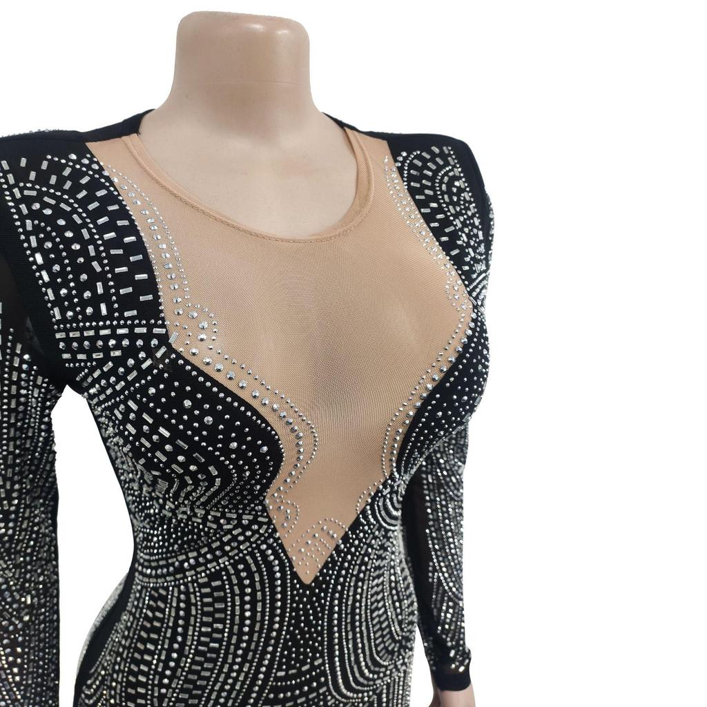 C6185 Europäische und amerikanische Mode Damen V-Ausschnitt Langarmkleid mit einfarbigem und heißem Diamantnetz