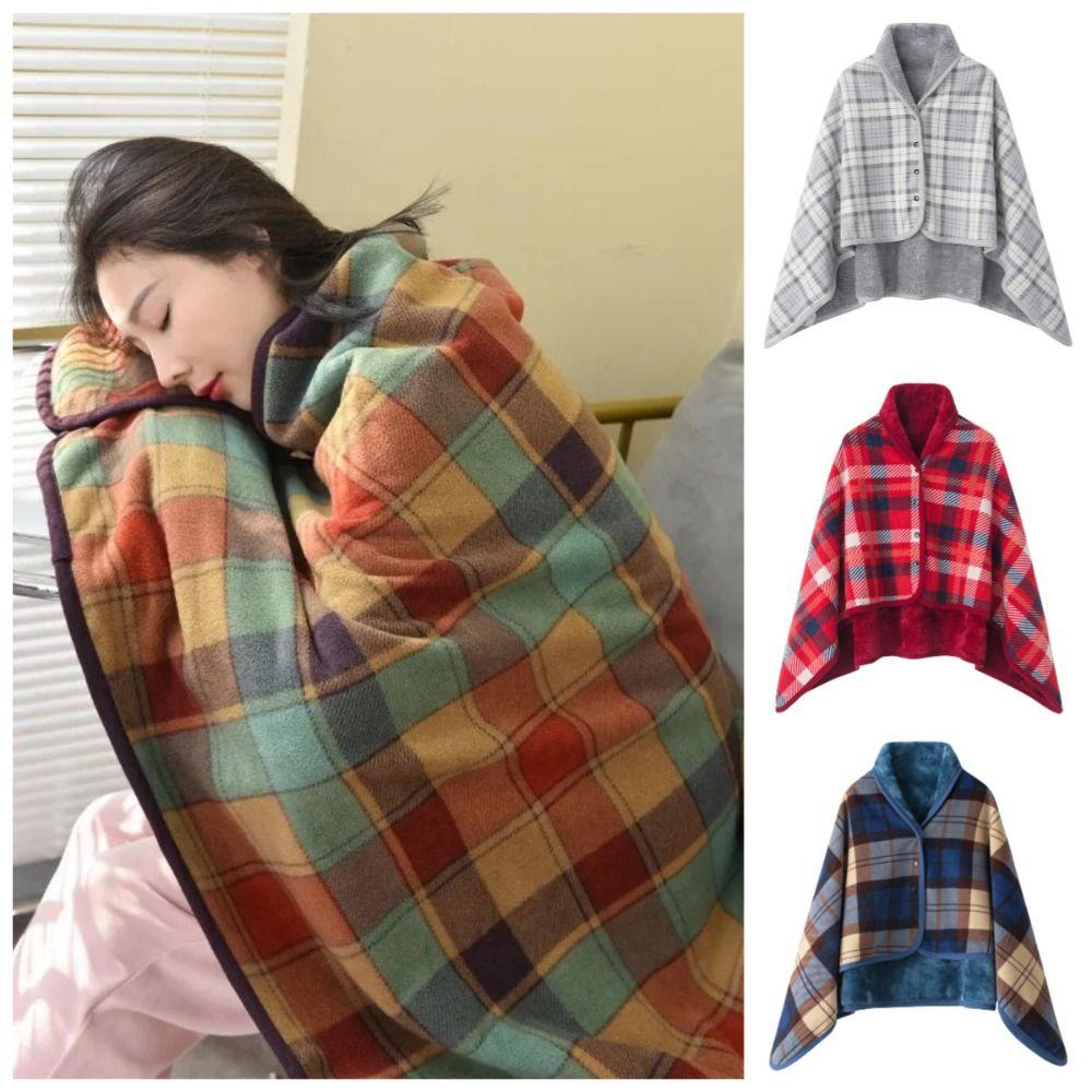 Multi-function Plaid Wearable Blanket Thicken Fleece-lined Casual Office Blanket Soft Warm Home Shawl Blanket Bedroom