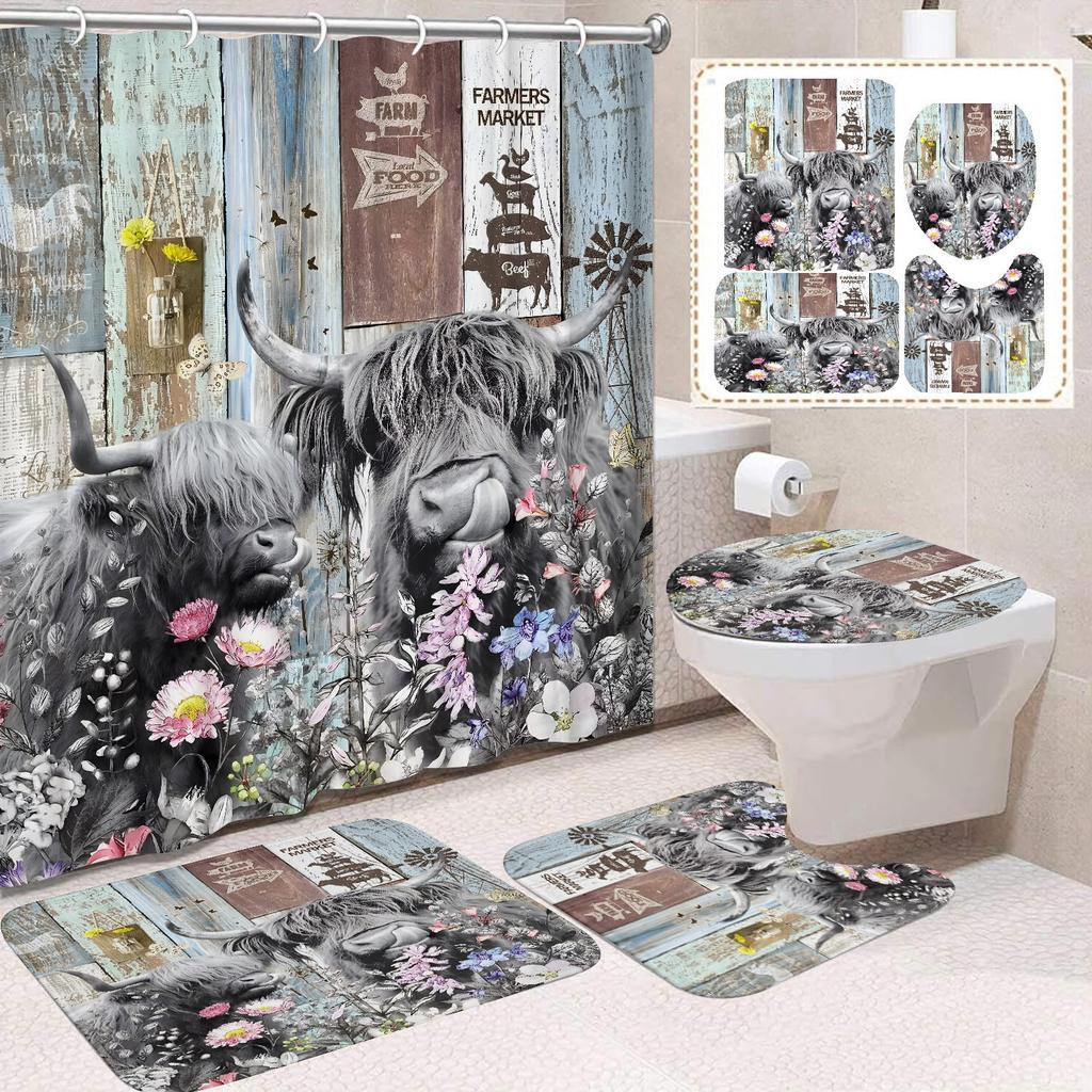 Cute Highland Cattle Printed Shower Curtain Waterproof Durable Polyester Bath Curtain For Home New Year Christmas Bathroom Decor