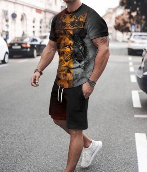 Independent Station New European and American Summer Men's Trend Casual Beach Style Texture 3D Digital Printing T-Shirt Shorts Set