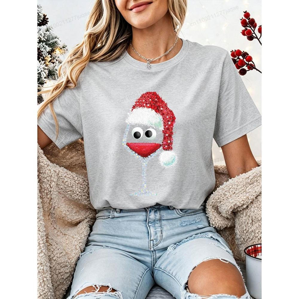 Drinking Christmas T‑Shirt Women Funny Wine Glass Santa Graphic Tee Tops