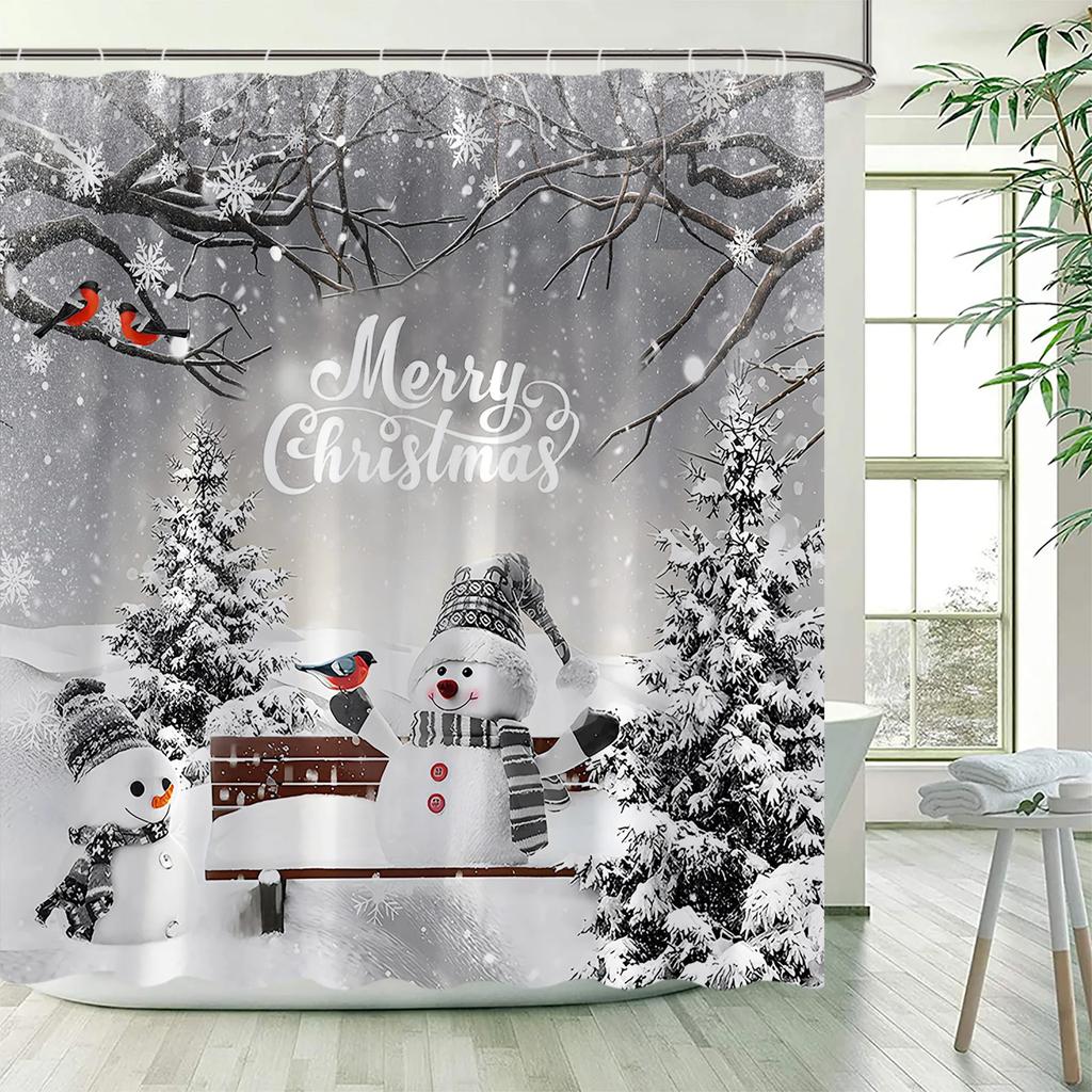 GAERed Santa Claus Christmas Shower Curtain White Snowflake Xmas Tree Gift New Year Home Bathroom Decor Bath Curtains With Hoo