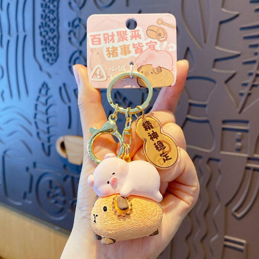 Pink Pig Piglet Doll Keyring Lotus Flower Seat Pink Pig Doll Keyring  Jewelry Student Gift