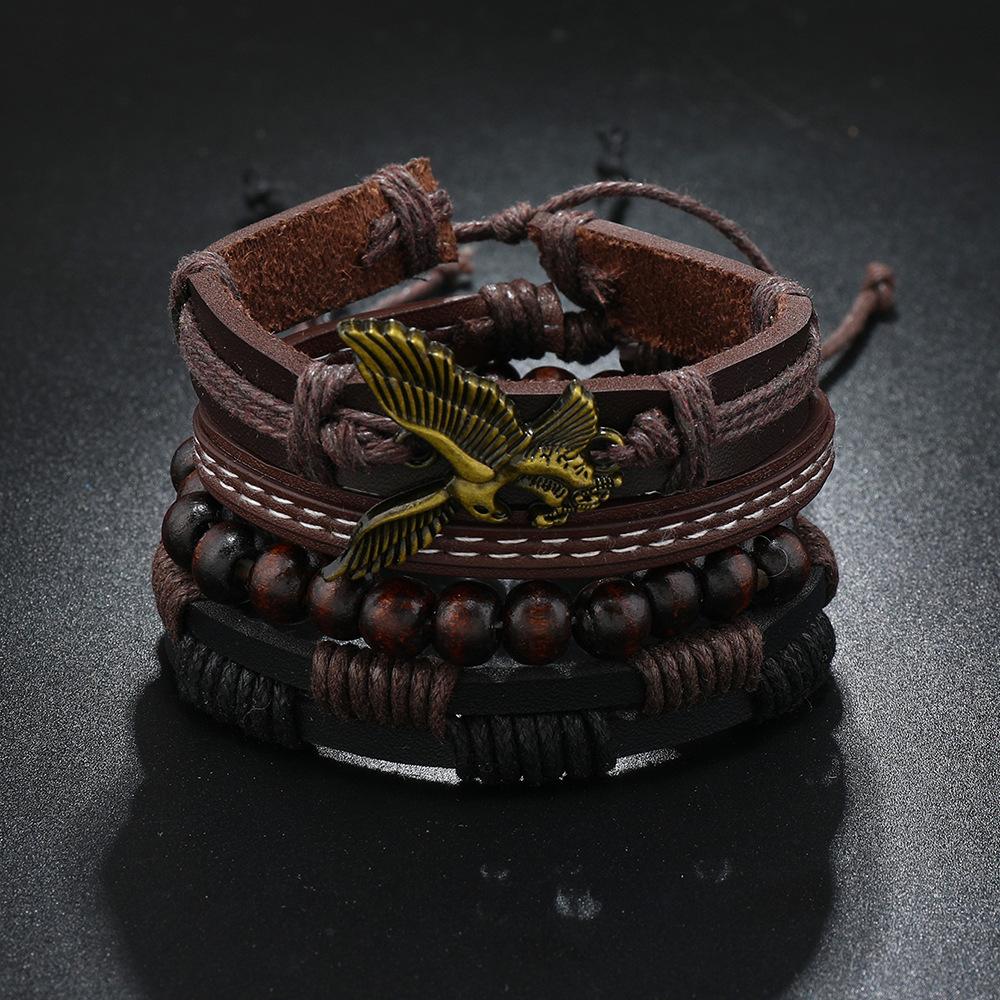 Hip Hop Trend Wood Bead Bracelet PU Leather Eagle Alloy DIY Bracelet 4-piece Set Hand-woven Multi-layer Leather Bracelet