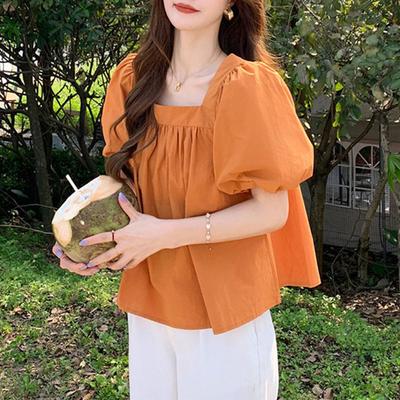 Camisa de Color Sólido de Cuello Cuadrado y Manga Abullonada Ropa de Mujer Moda de Verano Estilo Preppy Coreano Femenino Dulce Blusas con Pliegues