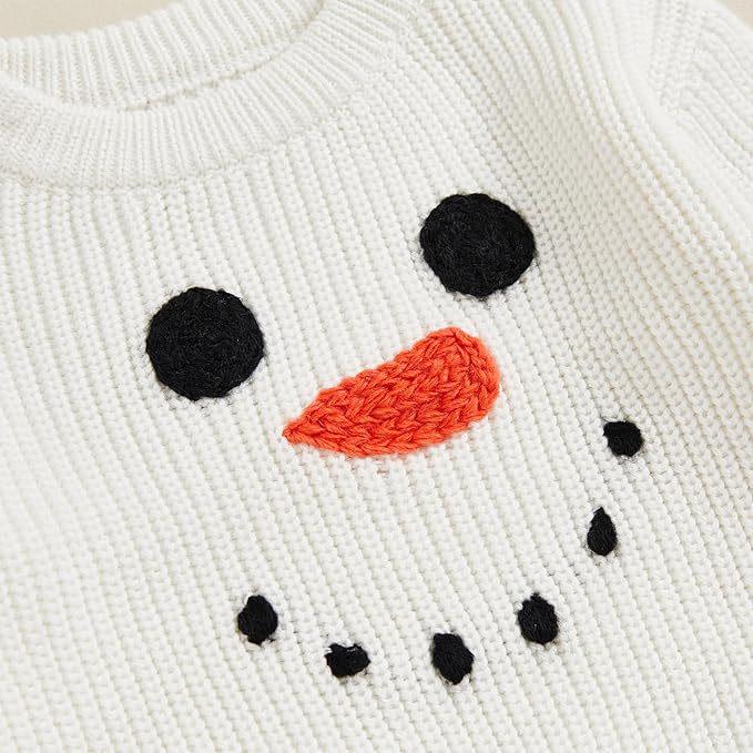 Hand-Embroidered Snowman Knit Sweater - Christmas Cotton, Long Sleeve for Baby Boy/Girl