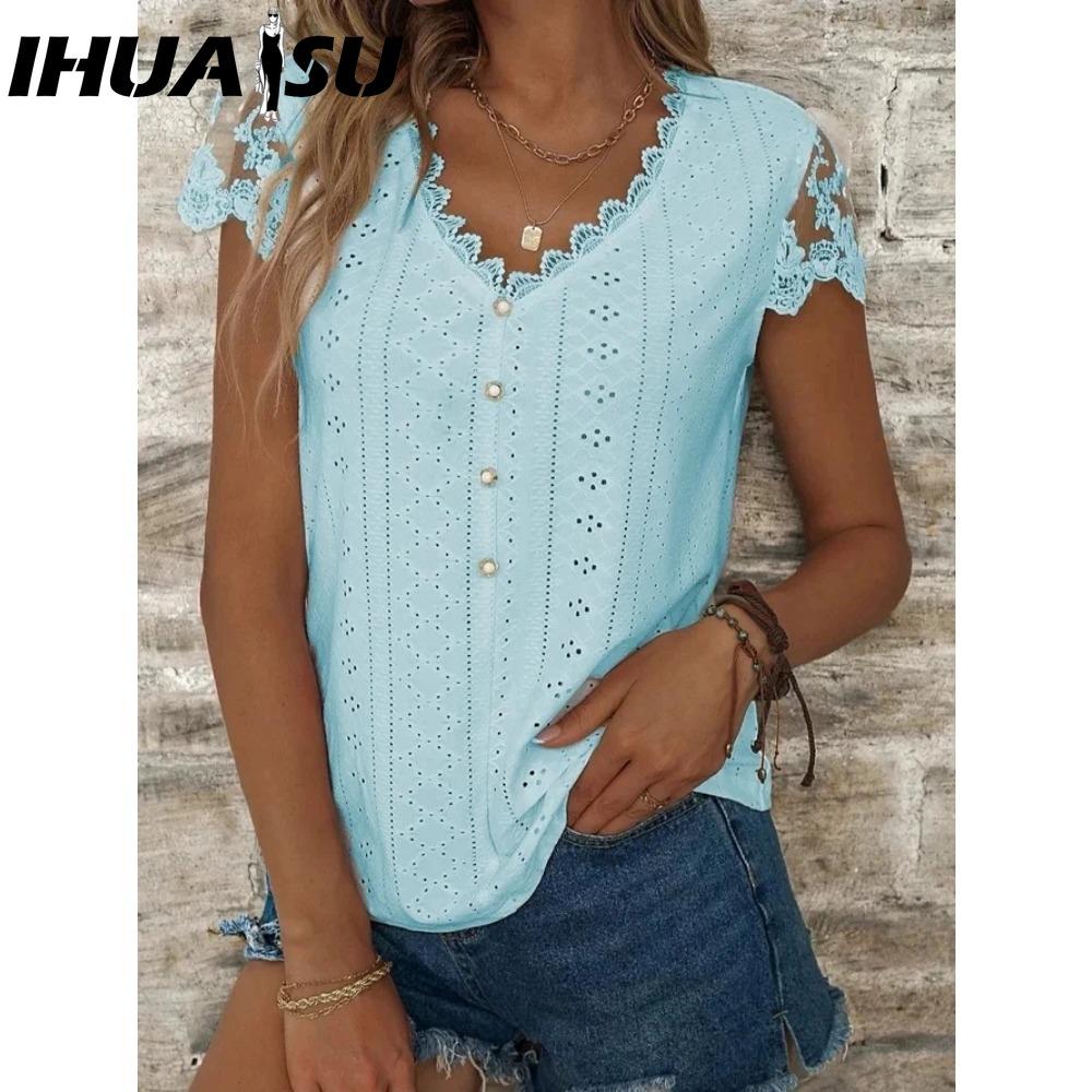 IHUASU Women's Fashion Casual Solid Color Print Short Sleeve V Neck Blouses & Shirts