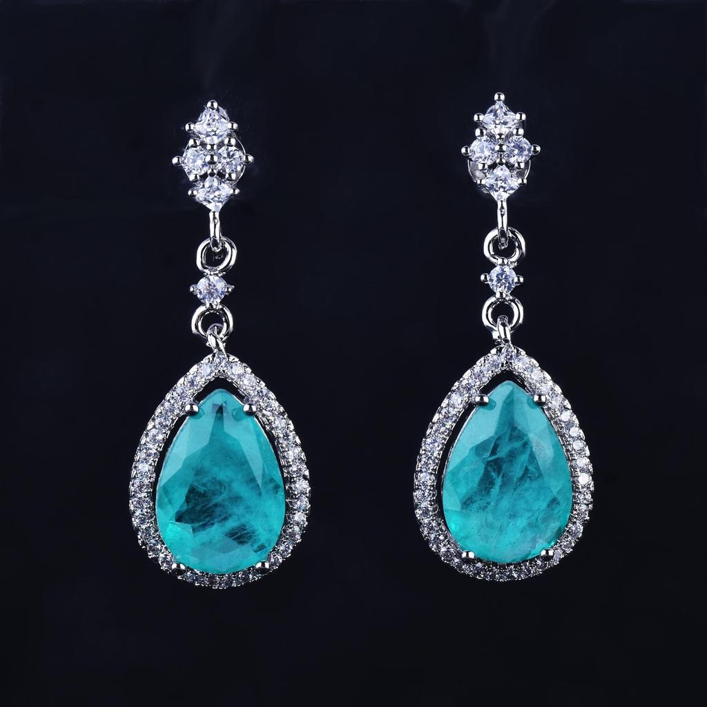 New Imitation Paraiba Suit Women, European and American Luxury Full Diamond Open Ring, Colored Treasure Stud Earrings, Water Drop Necklace
