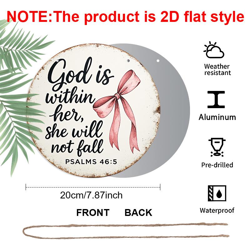 2D Flat - [2D Flat]1pc 7.87 X 7.87Inch (20 X 20Cm) Exquisite Metal Poster. Pink Bow & Inspirational Bible Verse God Is Within Her, She Will Not Fall