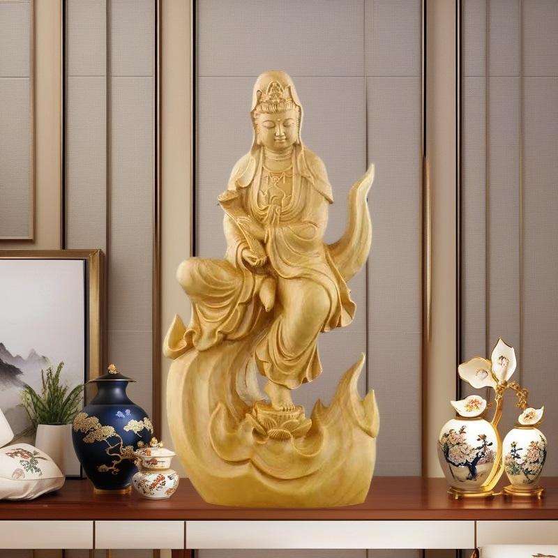 Natural Cypress Guanyin Decorative Figures Statue Solid Wood Carved Chinese Buddha Statues Home Room Office Feng Shui Art Statue