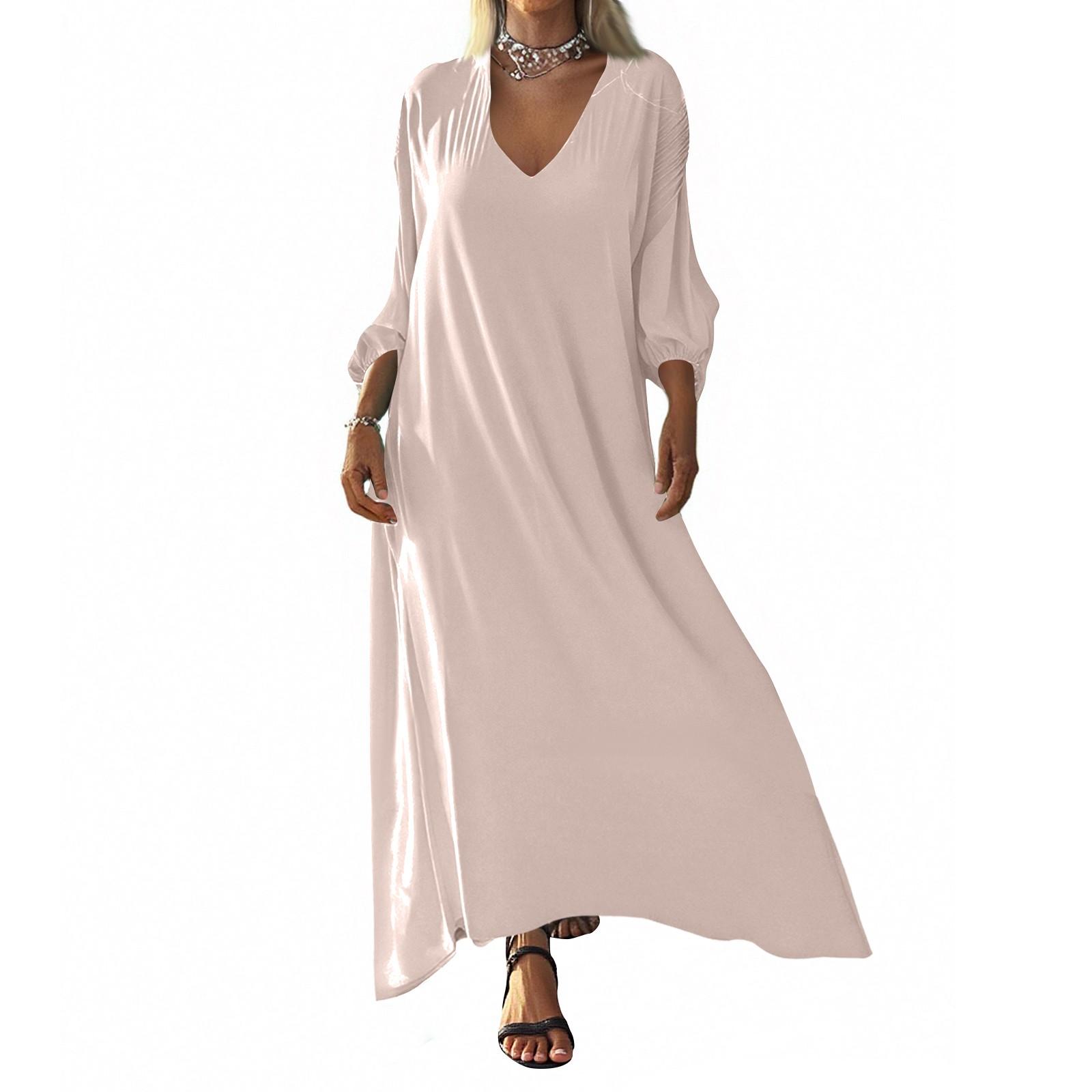 

Женское свободное платье с V-образным вырезом, однотонное, с длинным рукавом M бежевый