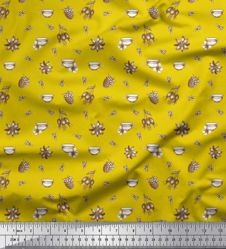 

Чашка для чаю з японської креп-сатинової тканини Soimoi Orange, принтована тканина з бадьяном і фруктами малини 1 метр 42 дюйма 42 Inch Wide - Poly Crepe жовтий