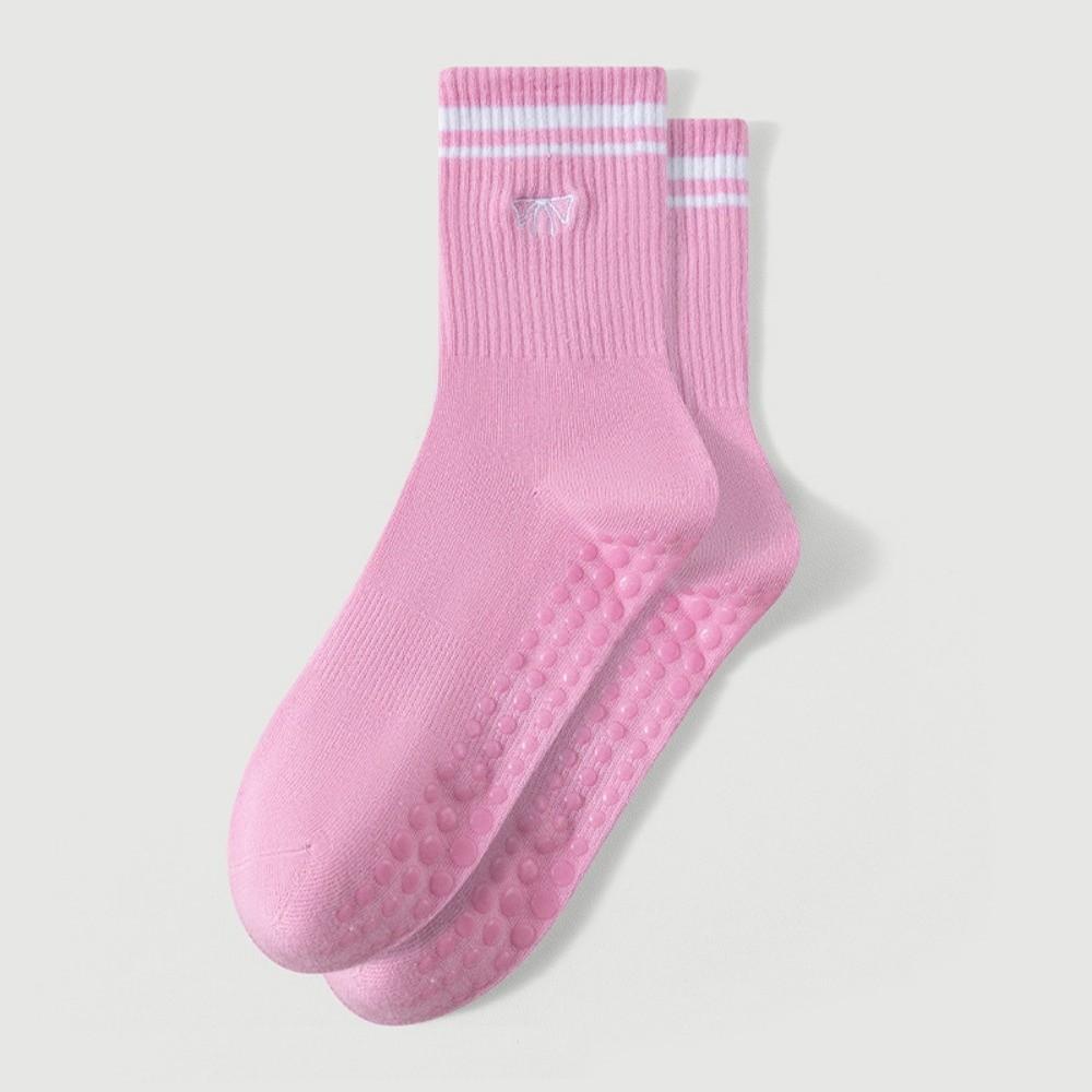 1Pair Non-Slip Yoga Socks Bow Embroidery Cuffed Mid Tube Socks Professional Pilates Socks for Women