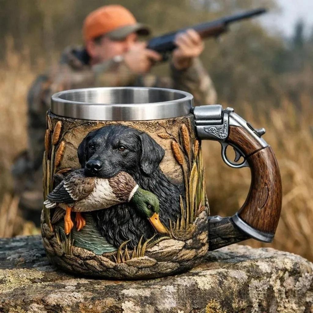 Caneca de Café Hunter – 350ml de Aço Inoxidável com Tema de Caça e Design Camuflado | Presente Único para Homens, Pai, Marido, Amante da Natureza