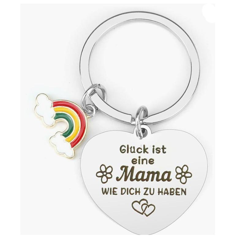 German Gluck Ist Eine Mama Mothers Day Gift Stainless Steel Keychain Rainbow Cherry Blossom Pendant Stainless Steel Keychain for Backpack Bag Pendant
