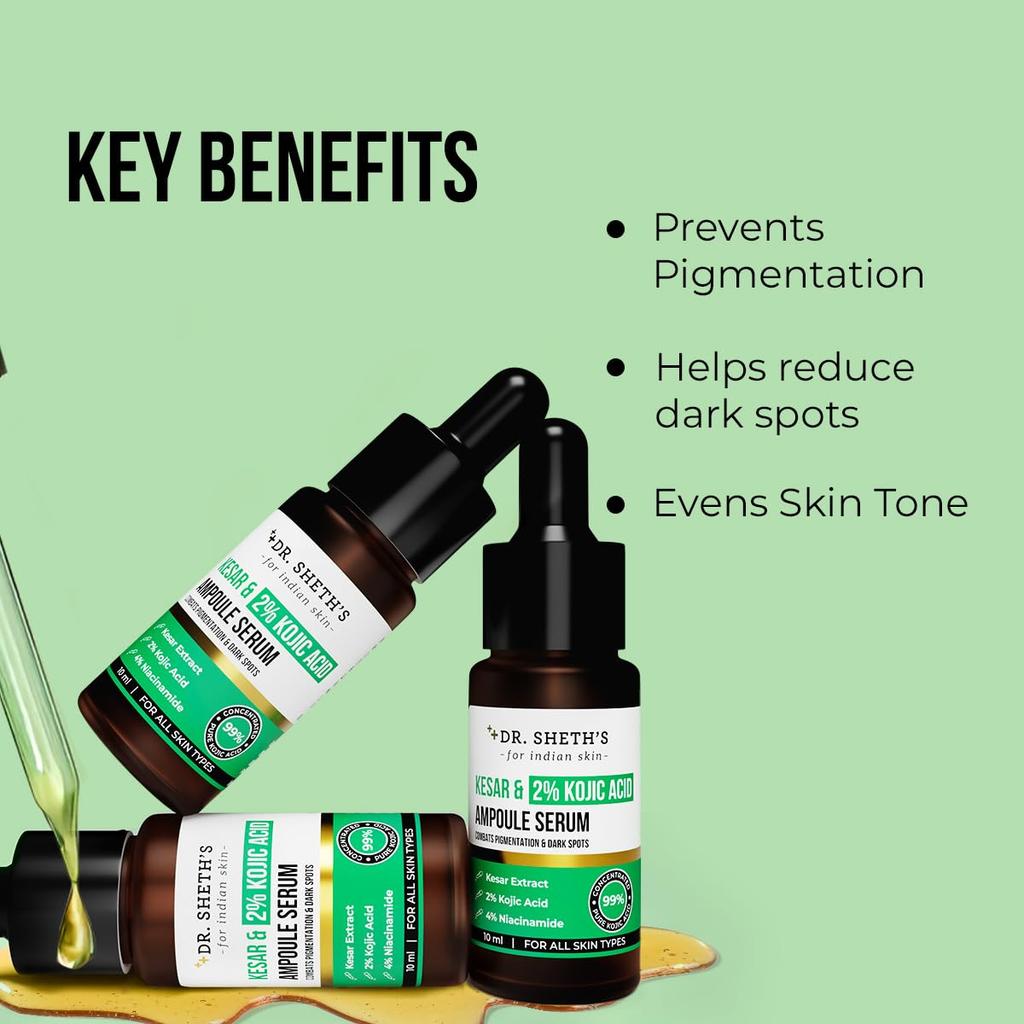 Dr. Sheth's Kesar & 2% Kojic Acid Ampoule Serum 10 Ml Pack for Brightening & Glowing Skin