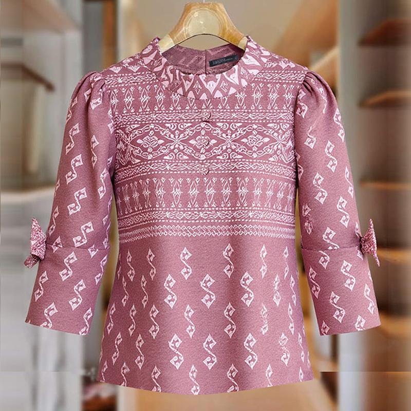 ZANZEA Women Casual Round Neck Ethnic Print 3/4 Sleeve Blouse