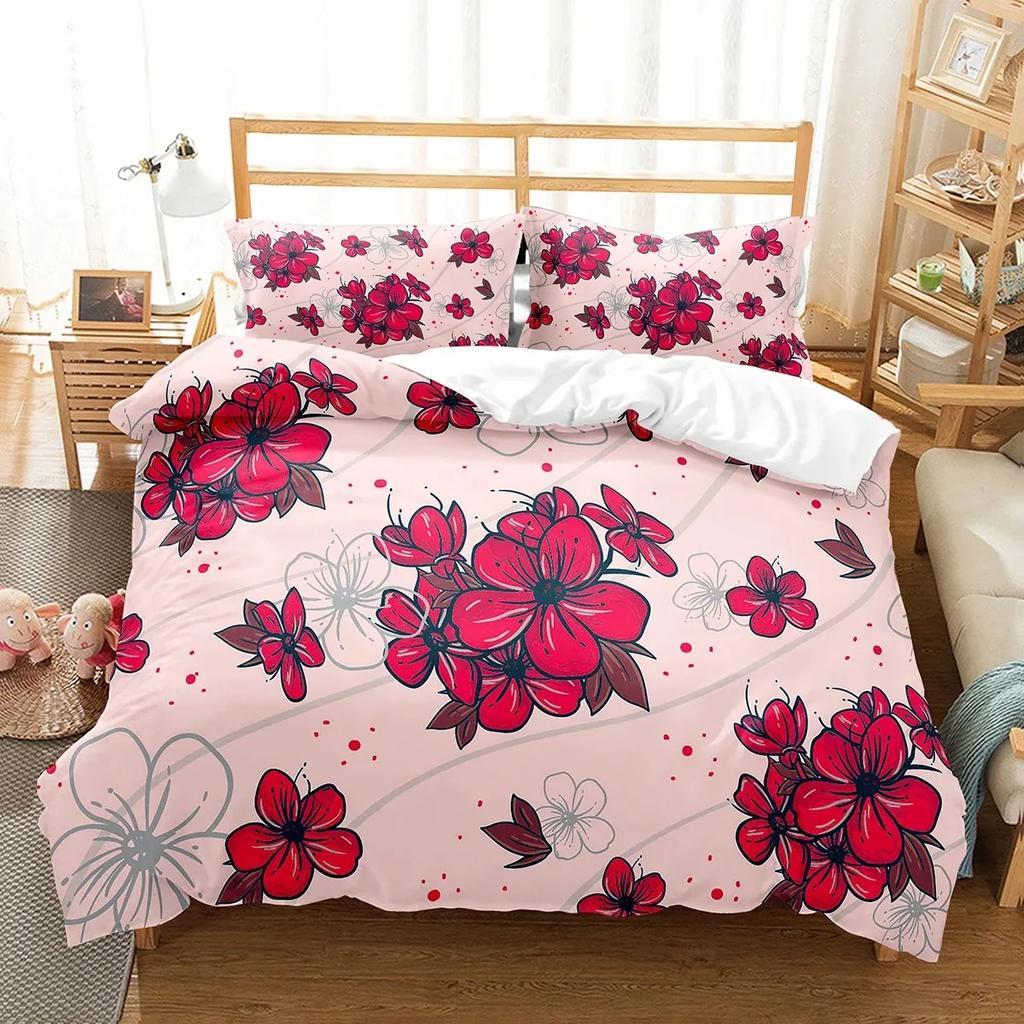 Plum Flower Duvet Cover Set Red Flower Pattern Bedding Set for Girls Women Polyester Comforter Cover Quilt Cover King Full Size