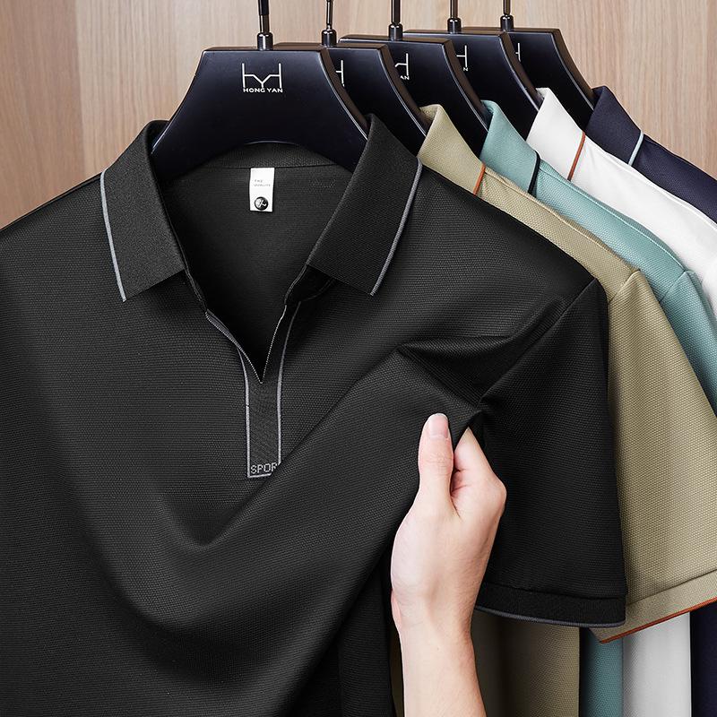 Мужская жаккардовая рубашка-поло с ананасами - Весна/Лето, Бесшовная, с V-образным вырезом, Модная повседневная, с цветовыми блоками. M чёрный