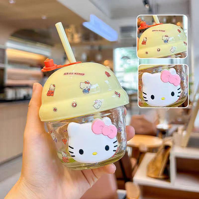 Милый стакан с трубочкой Hello Kitty, портативный стеклянный стакан для кофе, мультяшный стакан с трубочкой, детский стакан для воды, подарок на день рождения для друга жёлтый