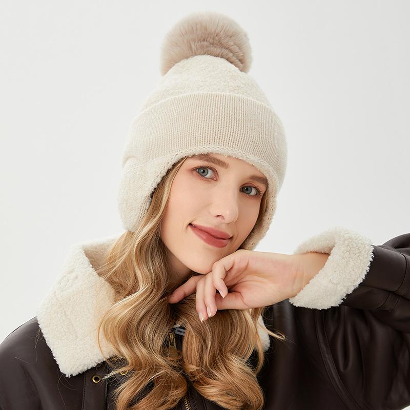 Winter Women's Warm Velvet Ear Protection Hat Solid Color Versatile Wool Ball Hoop Yarn Woolen Hat Outdoor Cold Proof Cycling Hat Trendy