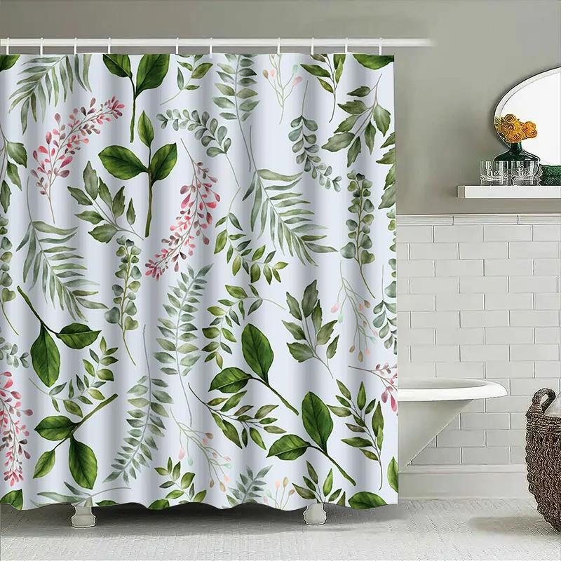 Green Plant Leaf Shower Curtain, Watercolor Floral Bath Mat Decor, Pink White Green Waterproof Fabric Curtain For Bathroom 60X72