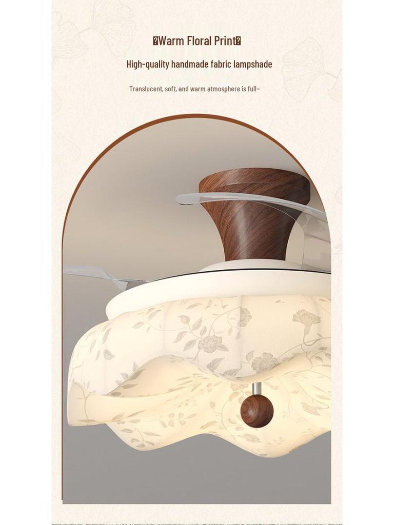 Vintage Song-Style Ceiling Fan Light with Printed Fabric Shade for Bedroom and Dining Room