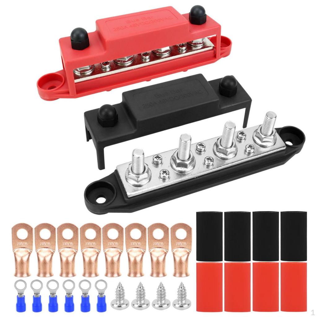 2 Pieces 4Way Bus Bar 48V DC 250A Positive and Negative 4 Terminal Post Junction Block for