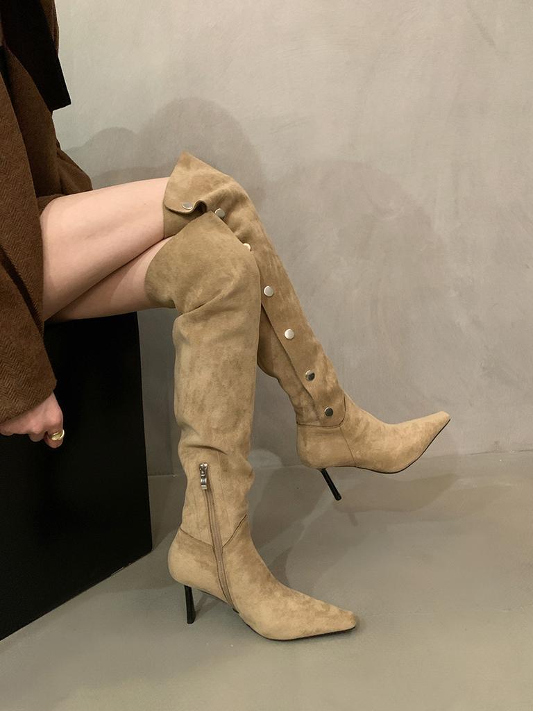 Pointed Suede Skinny Over-the-Knee Boots Women's Autumn and Winter Khaki Pile Long Knight High Heel Boots