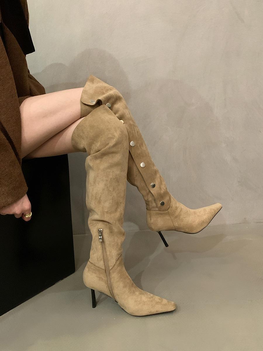 Pointed Suede Skinny Over-the-Knee Boots Women s Autumn and Winter Khaki Pile Long Knight High Heel Boots 35