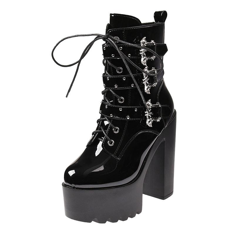 

2025 Thick Heel Waterproof Table Pearl Fashion Punk Lace-up Bat Belt Buckle Women s Thick-soled Boots ZYW 40 чёрный